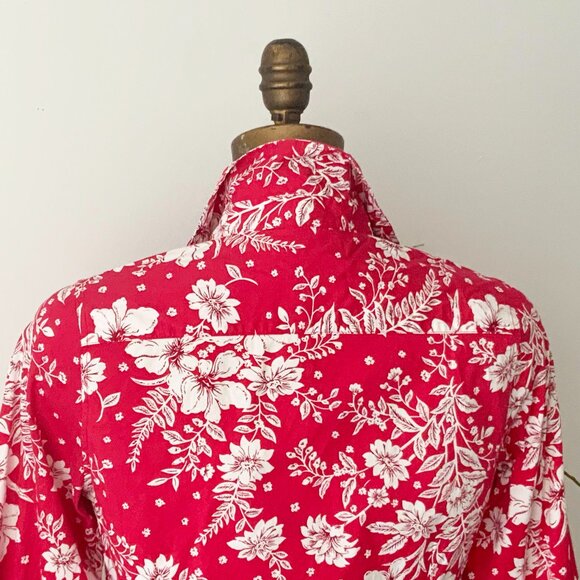 COLD WATER CREEK Size SMALL Red and White Floral 3/4 Sleeve Cotton Blend Blouse - Picture 7 of 10
